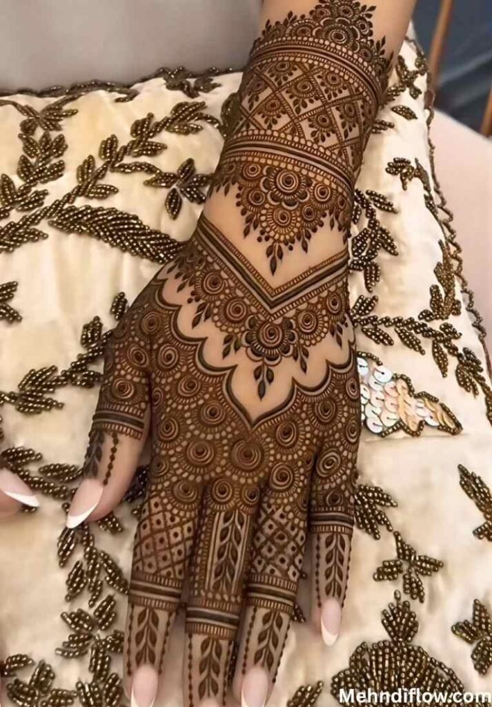 Intricate full-coverage bridal back hand mehndi with geometric grids and arched cuffs.
