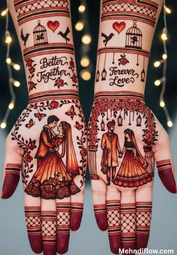 Romantic dulha-dulhan bridal mehndi design on both palms featuring custom wedding quotes, bird cages, and couples artwork. - raj mehndi design