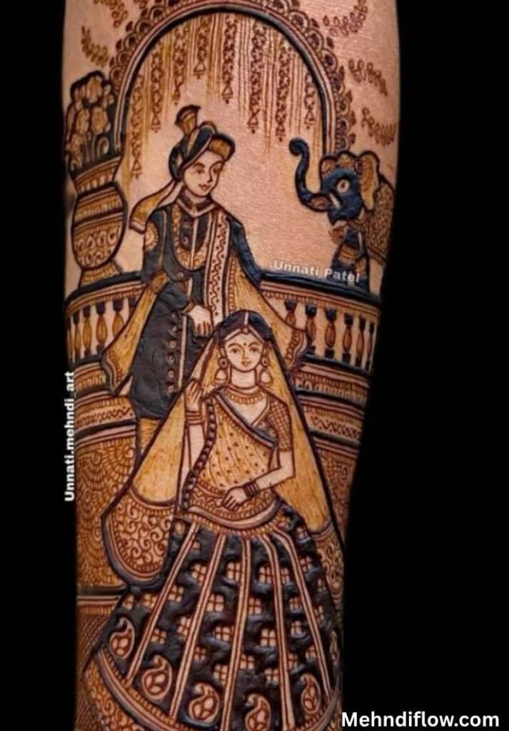 Single Arm Portrait)
Option 1: Intricate dulha-dulhan portrait mehndi design on the forearm featuring an elephant motif and detailed wedding attire artwork. - raj mehndi design