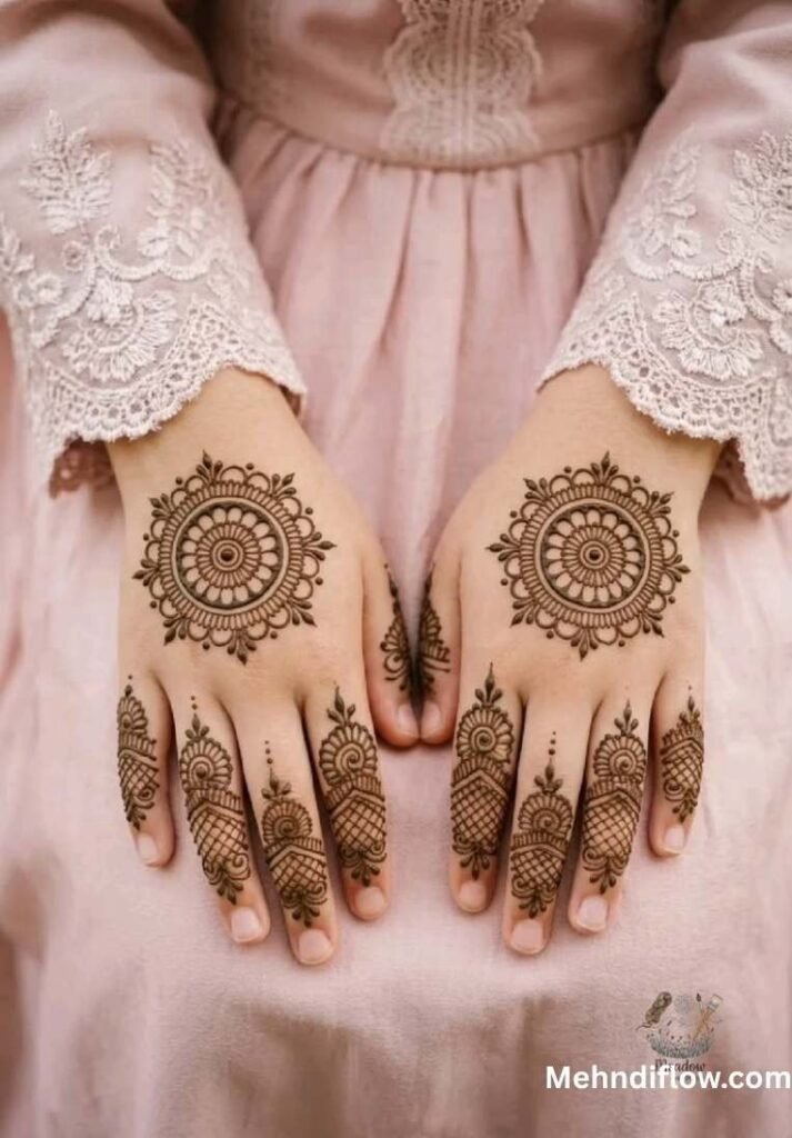 Hands showing circular tikki designs with delicate, detailed finger patterns.