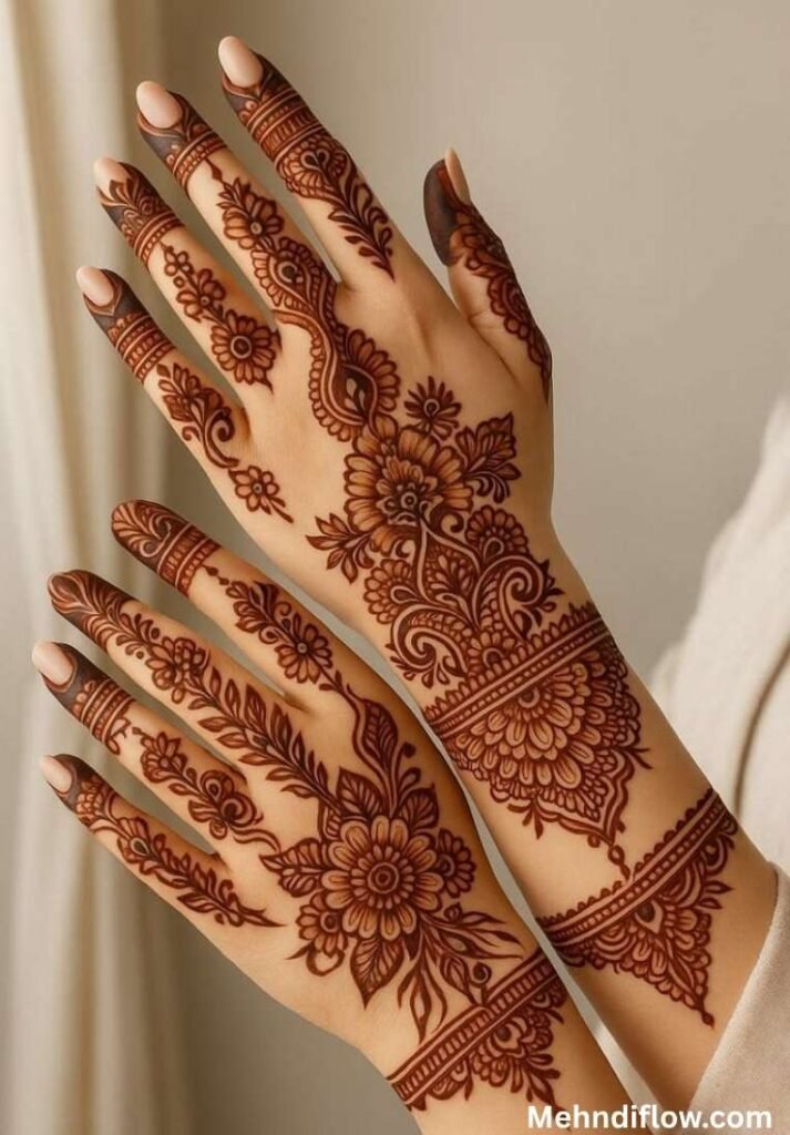 Elegant full back hand floral mehndi design with detailed wrist cuffs