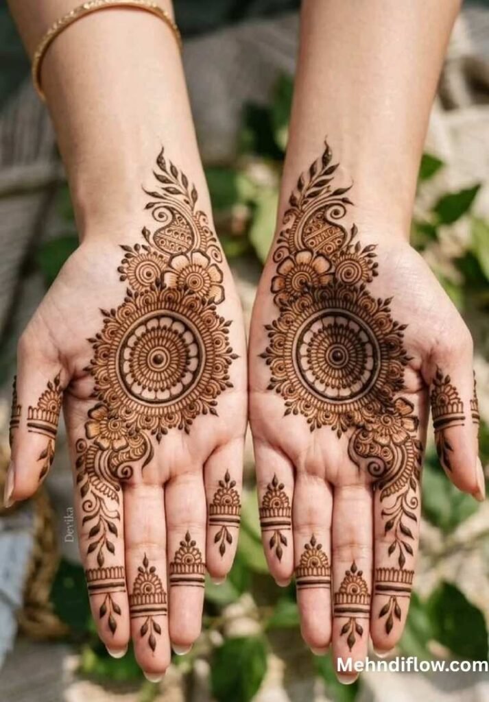 A close-up of palms displaying an intricate floral tikki mehndi design, characterized by a detailed, circular mandala center that extends into elegant paisley and vine motifs towards the wrists, with complementary fine-line patterns on the fingers.