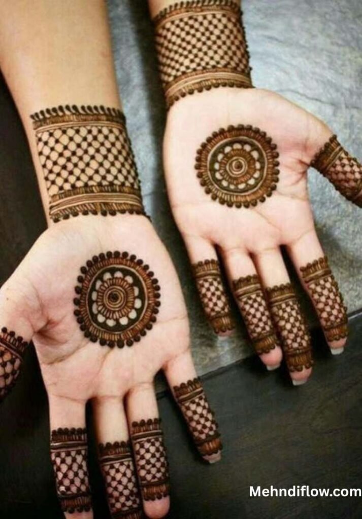 Palms featuring a central circular tikki design, paired with structured net patterns on the wrists and fingers.