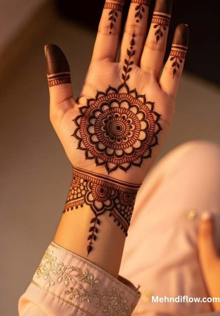 Palm displaying a bold, decorative mandala centerpiece complemented by ornate wrist and finger detailing.