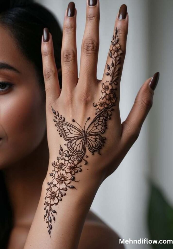 Full back hand henna design showcasing a large, detailed central butterfly connected to