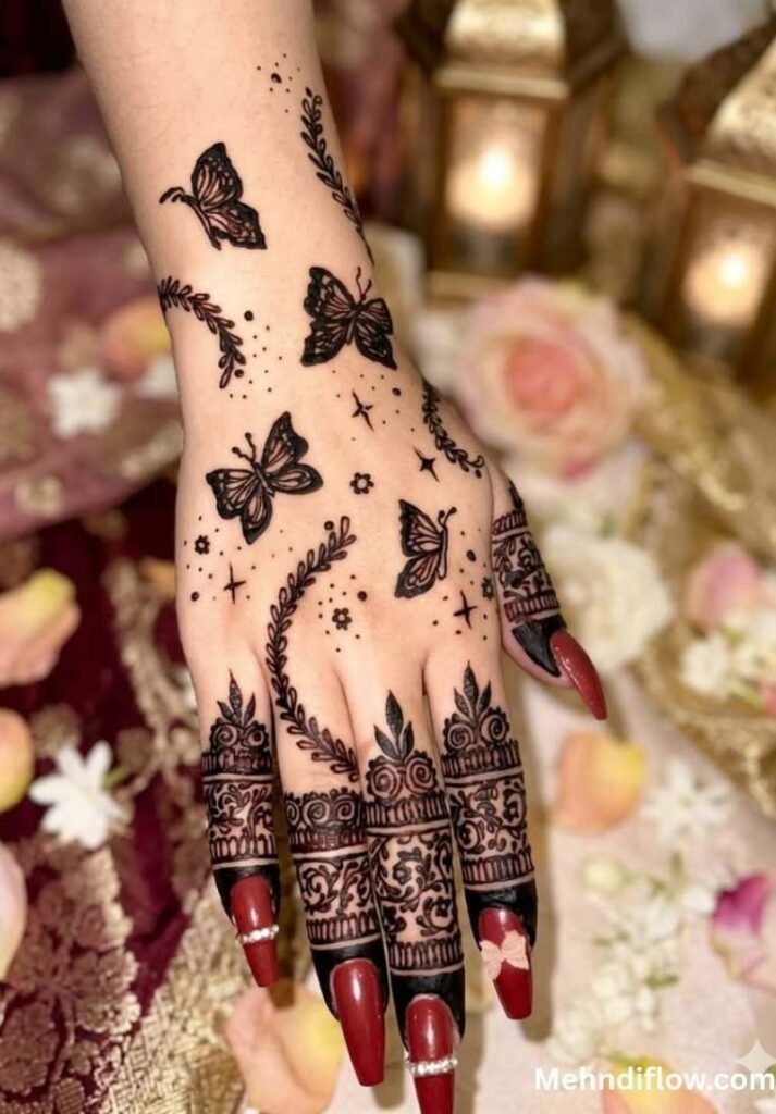 Full back hand mehndi design featuring multiple small, scattered dark butterflies, delicate starry dots, and heavily detailed intricate finger patterns.