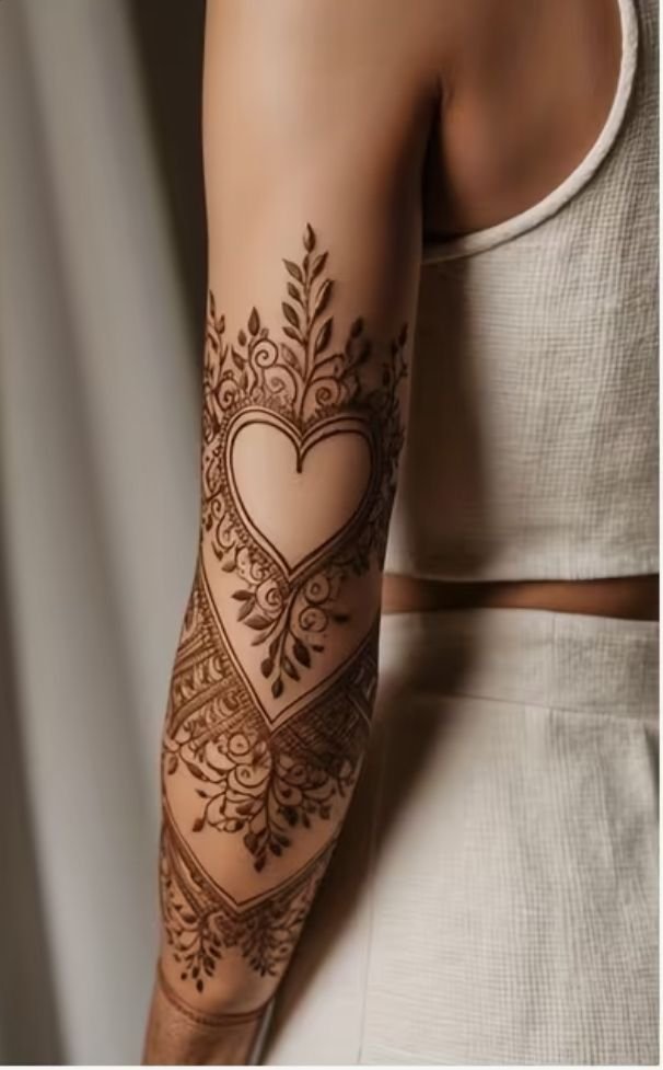 Intricate half arm mehndi design featuring a large, bold negative space heart outline on the upper arm, framed by delicate floral mesh, leafy vine borders, and shading.