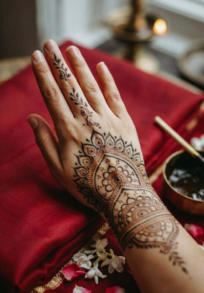 Traditional Indian henna design on the back of the hand featuring a detailed wrist cuff pattern and a single decorated index finger - How Many Types of Mehndi Design Are There.