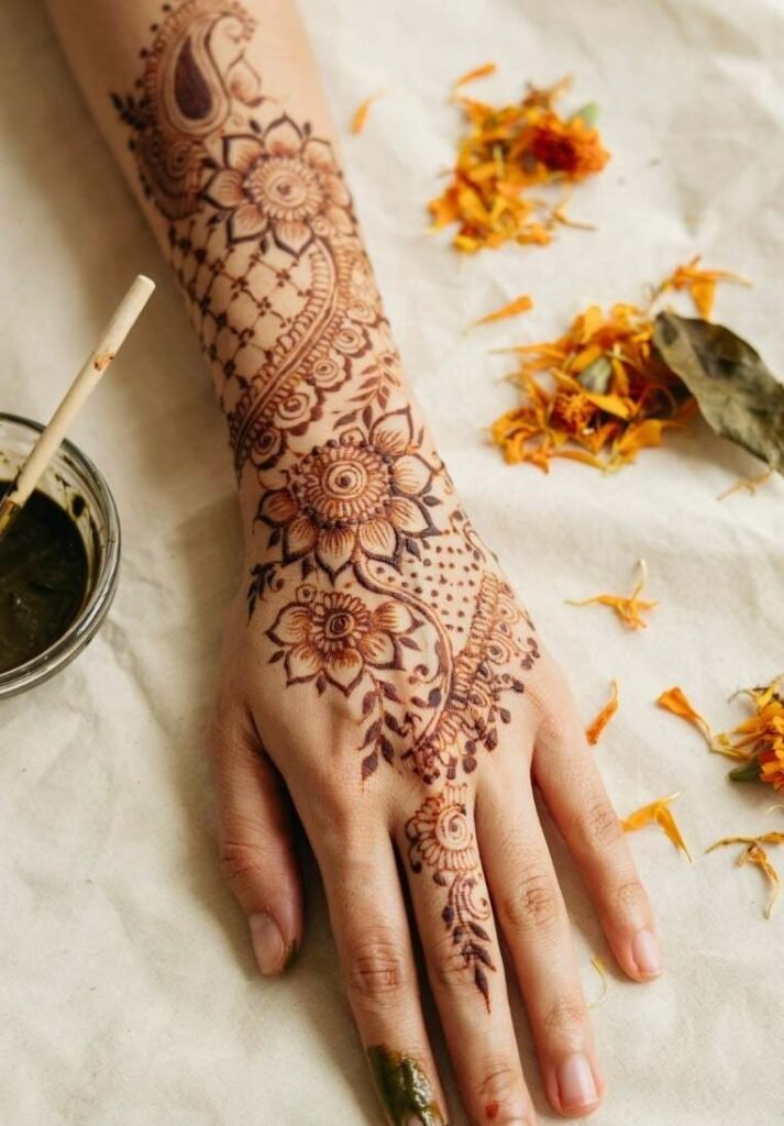Intricate Indian bridal mehndi design featuring dense floral patterns, netting, and paisley motifs extending up the arm.