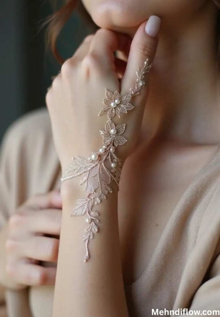 A close-up of a hand featuring a sophisticated, jewelry-inspired floral mehndi design accented with pearl-like details that extends from the wrist to the thumb.