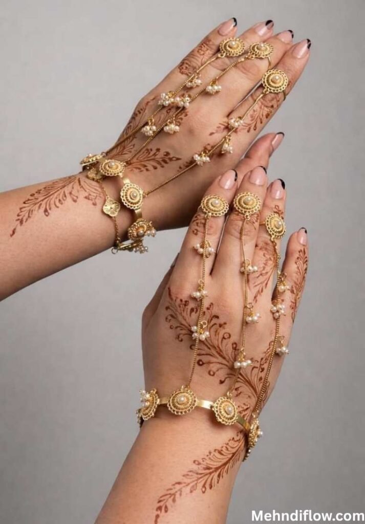 A pair of hands adorned with intricate jewelry-inspired mehndi designs featuring chain-like patterns, floral motifs, and decorative elements that mimic bracelets and rings.