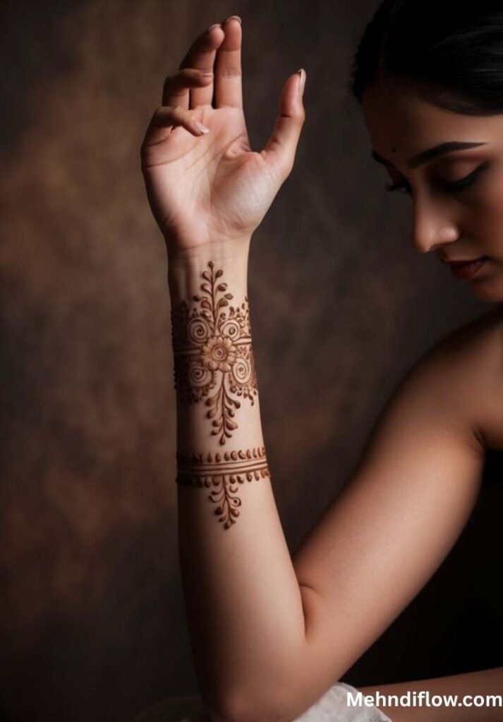 Symmetrical leaf trail arm mehndi design featuring a central mandala flower cuff on the wrist, framed by structured vertical vines stretching up the forearm and down toward the inner arm.
