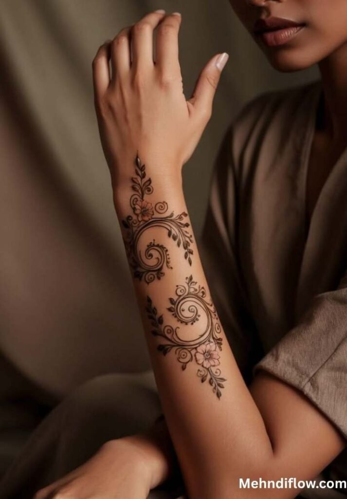 Flowing Arabic leaf trail mehndi design on the forearm showcasing large, elegant swirling vine motifs interspersed with delicate leaves and subtle blossoms.