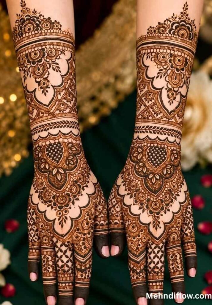 A close-up of a single hand showcasing a sophisticated mehndi design that blends dense floral patterns with structured net (lattice) detailing across the fingers and wrist.