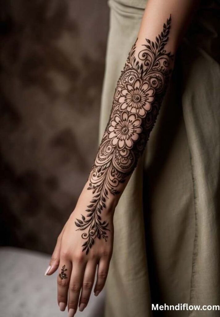 Ornate mandala arm mehndi design showcasing layered, symmetrical circular flower motifs stacked along the forearm, accented by sweeping leafy vines and dark shading.