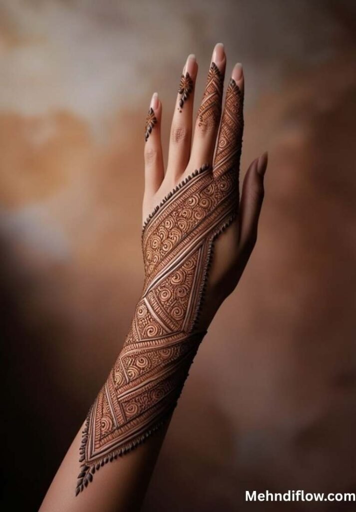 Intricate and dense geometric arm mehndi design featuring structural, angled lines, detailed mesh fills, and precise patterns extending across the back of the hand and full forearm.