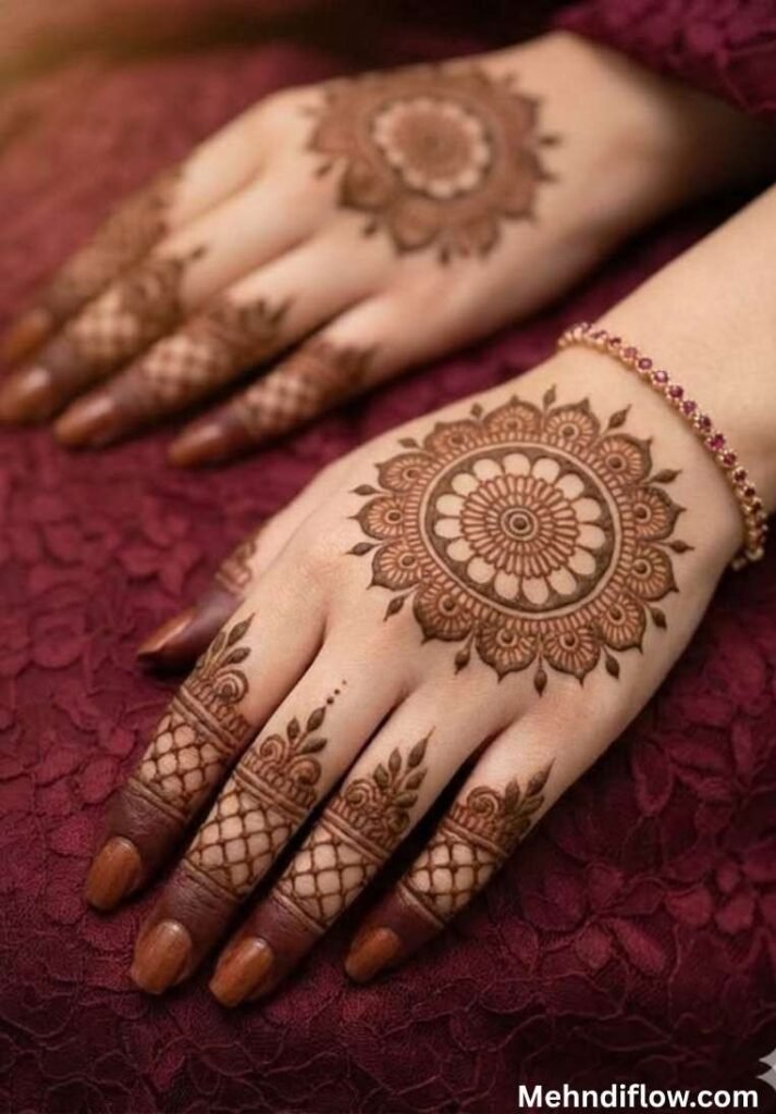 Classic round mandala back hand mehndi design with delicate lattice patterns on fingers