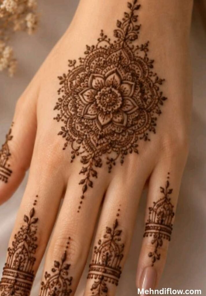 Detailed mandala back hand mehndi design with pointed floral accents and decorated finger tips
