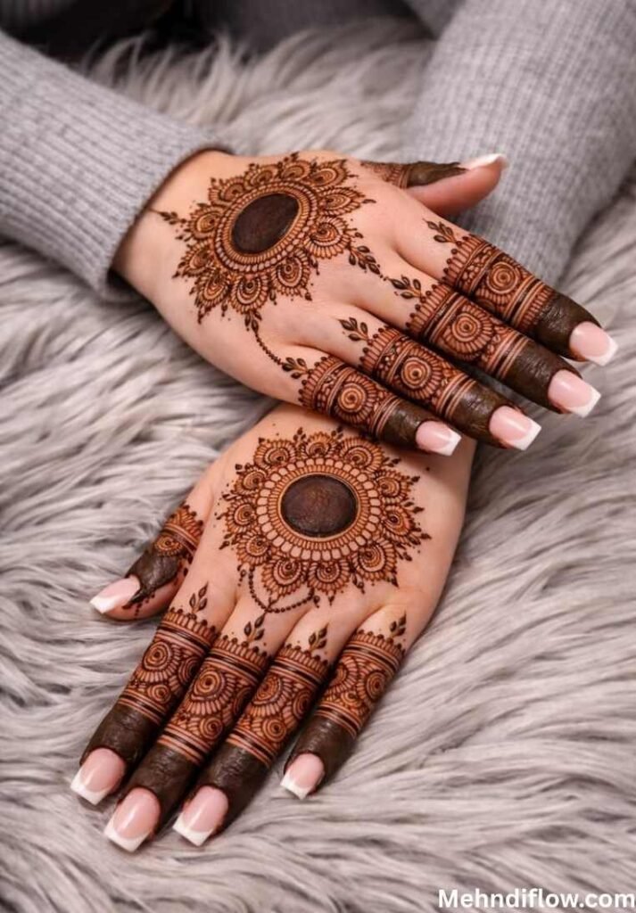 Back hand mehndi featuring a dark, solid-center mandala and heavily shaded fingers.