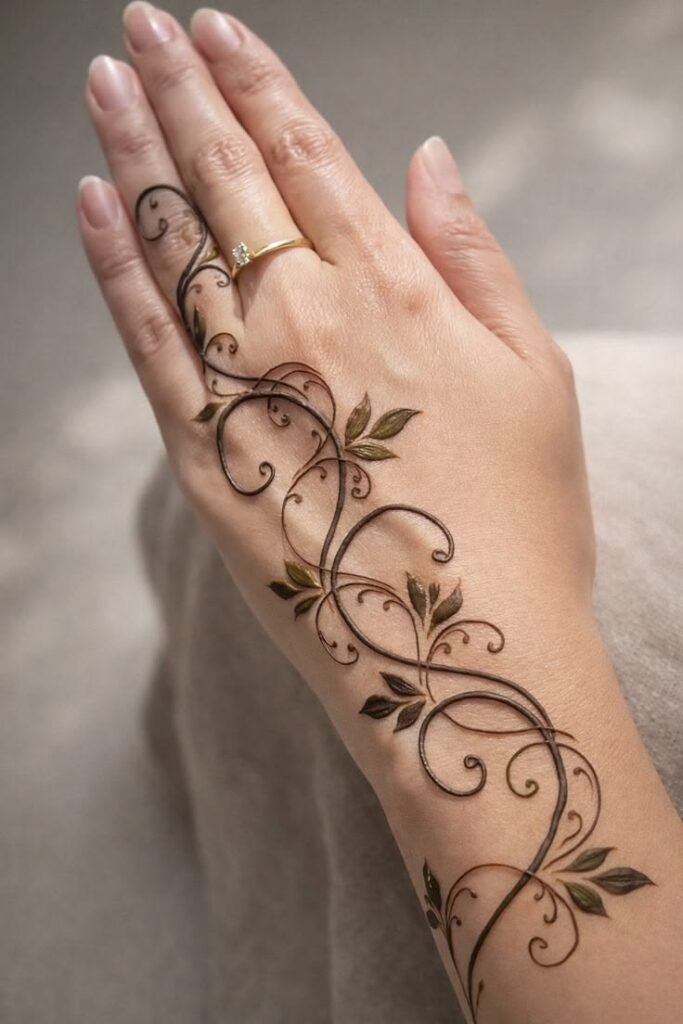 A hand featuring a delicate, swirling vine mehndi pattern with subtle leaf accents.