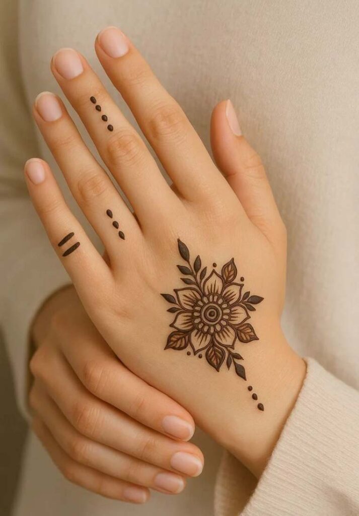 Aesthetic and simple back hand mehndi featuring a clean lotus-inspired floral motif in the center with minimal dotted finger accents. - Basic Easy Front Hand Simple Mehndi Design