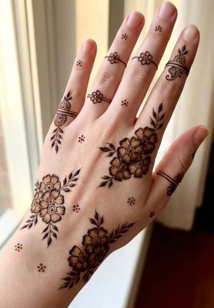 Simple beginner mehndi pattern layout with scattered floral clusters on the back of the hand paired with delicate, minimalist finger bands. - Basic Easy Front Hand Simple Mehndi Design