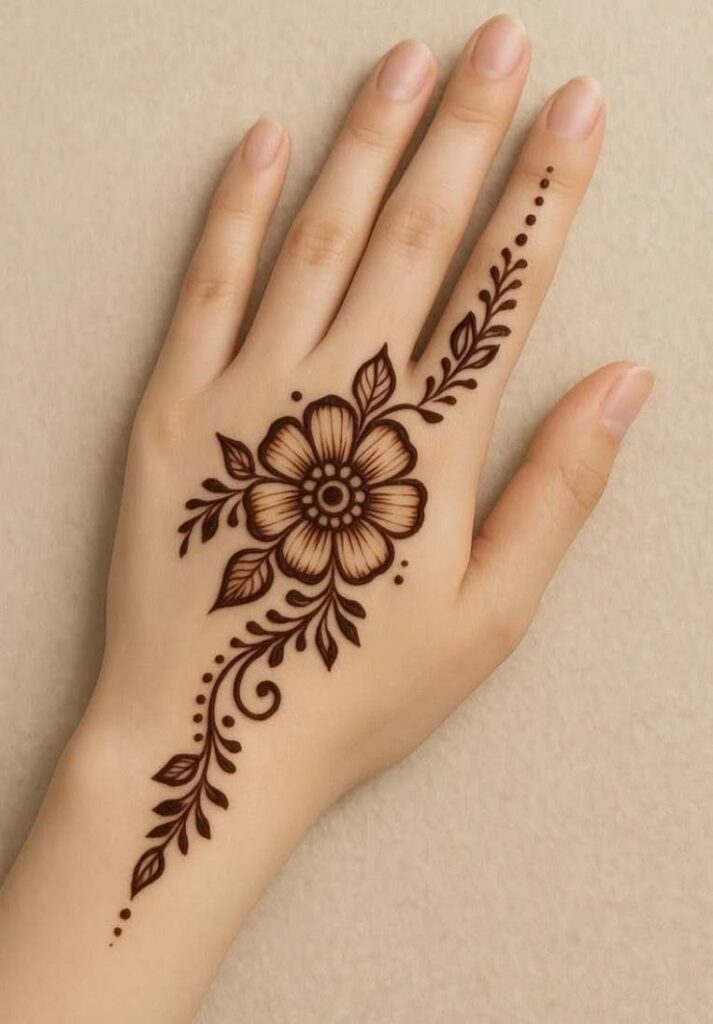 Easy back hand mehndi design for beginners featuring a central shaded flower with graceful leafy trails extending to the index finger and wrist. -