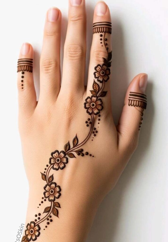 Basic mehndi design for beginners showing an elegant, flowing floral vine trail stretching across the back hand up to the index finger. - Basic Easy Front Hand Simple Mehndi Design