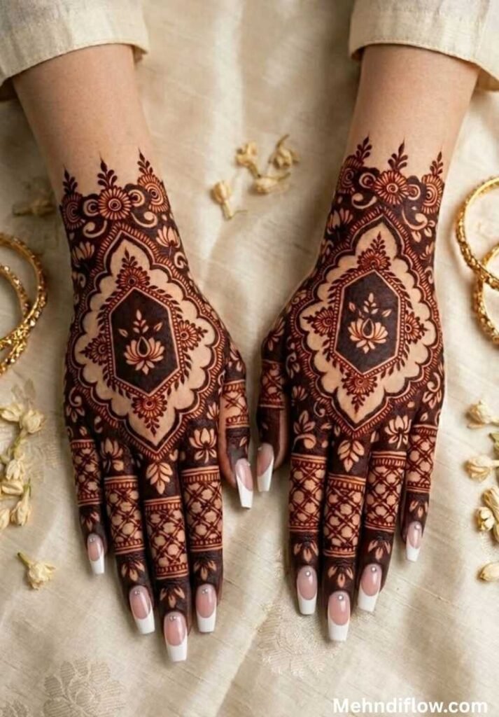 Modern shaded back hand mehndi design featuring sweeping vine leaves and geometric accents