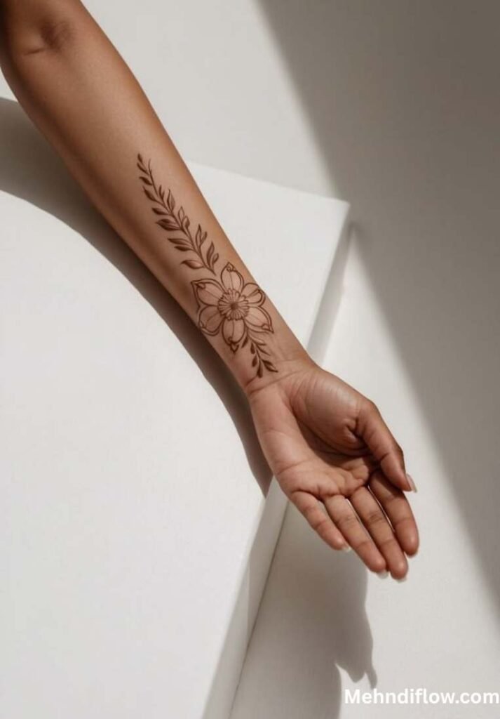 Minimalist floral wrist mehndi design featuring a single crisp blossom centered at the wrist with a clean, delicate leaf branch extending up the forearm.