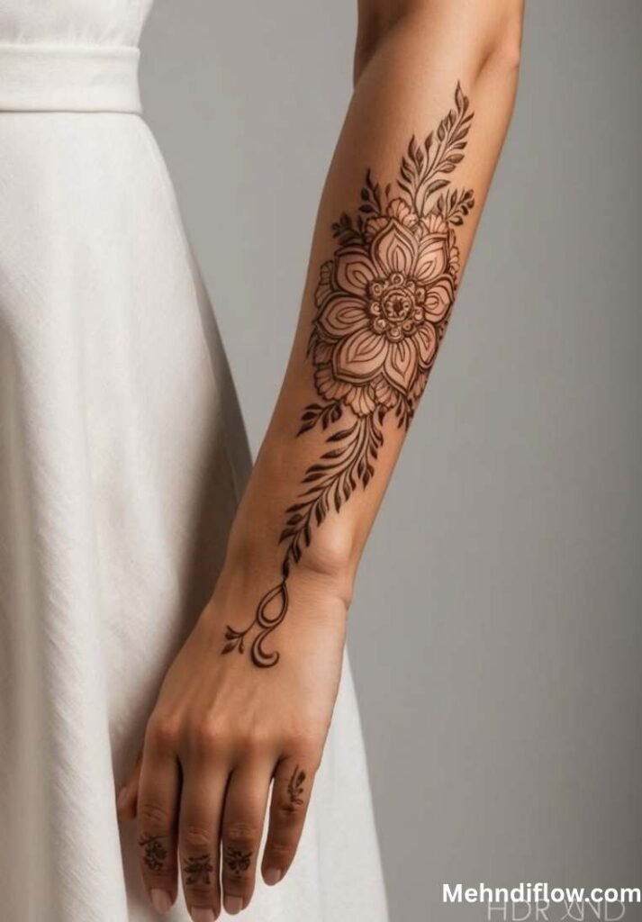 Bold and intricate floral arm mehndi design featuring a large, detailed mandala flower motif bracketed by elegant, sweeping leafy vines along the outer forearm.