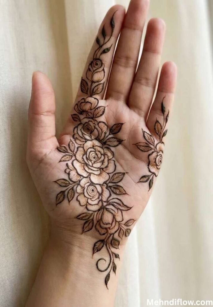 Simple front hand henna design with detailed rose patterns trailing up the palm and index finger.