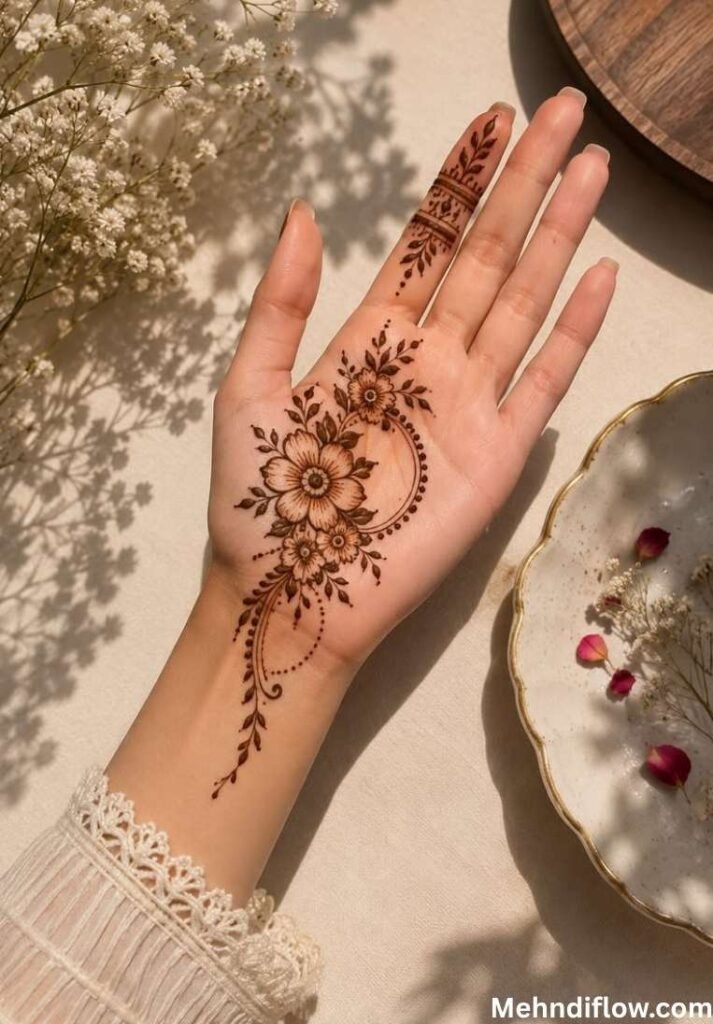Minimal front hand Arabic mehndi design featuring a central flower with delicate trailing dots and leafy vines.