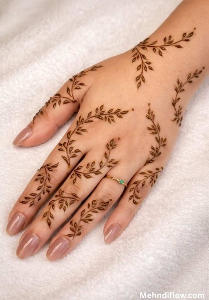 A hand displaying a delicate, finger-focused henna vine design with intricate leaf details.