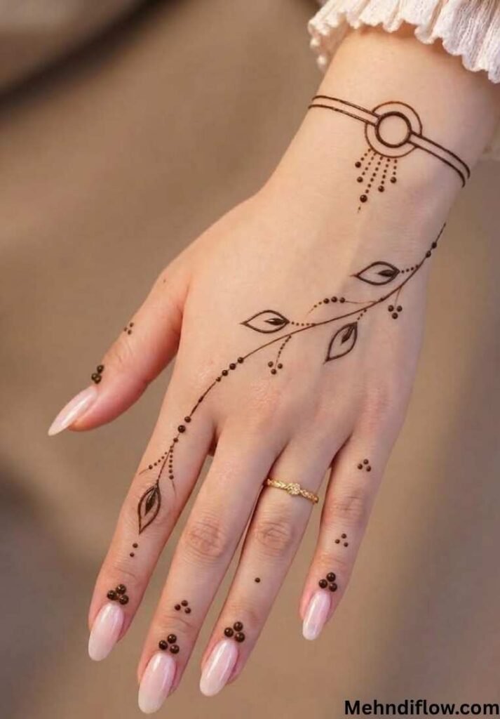 A close-up of a hand with a minimalist mehndi design consisting of a thin bracelet-style band on the wrist and a slender vine pattern extending down the back of the hand to the ring finger.