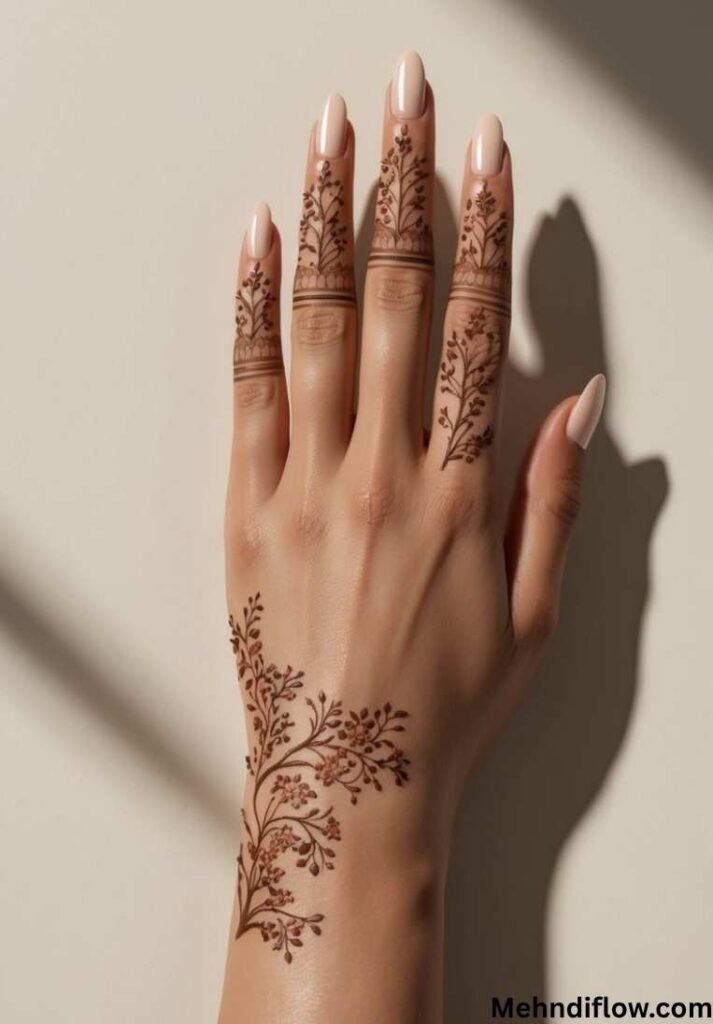 A close-up of a hand featuring delicate, minimalist floral mehndi designs on the fingers and extending onto the wrist.