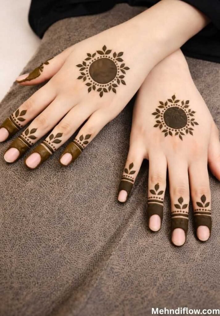 Modern minimalist henna with a solid sunburst mandala and dark-tipped fingers with leaf accents.
