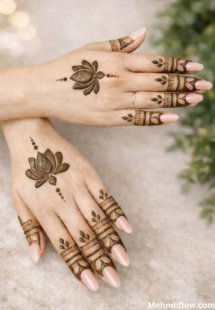 Minimalist back hand mehndi featuring a simple centered lotus motif and neat banded finger patterns.