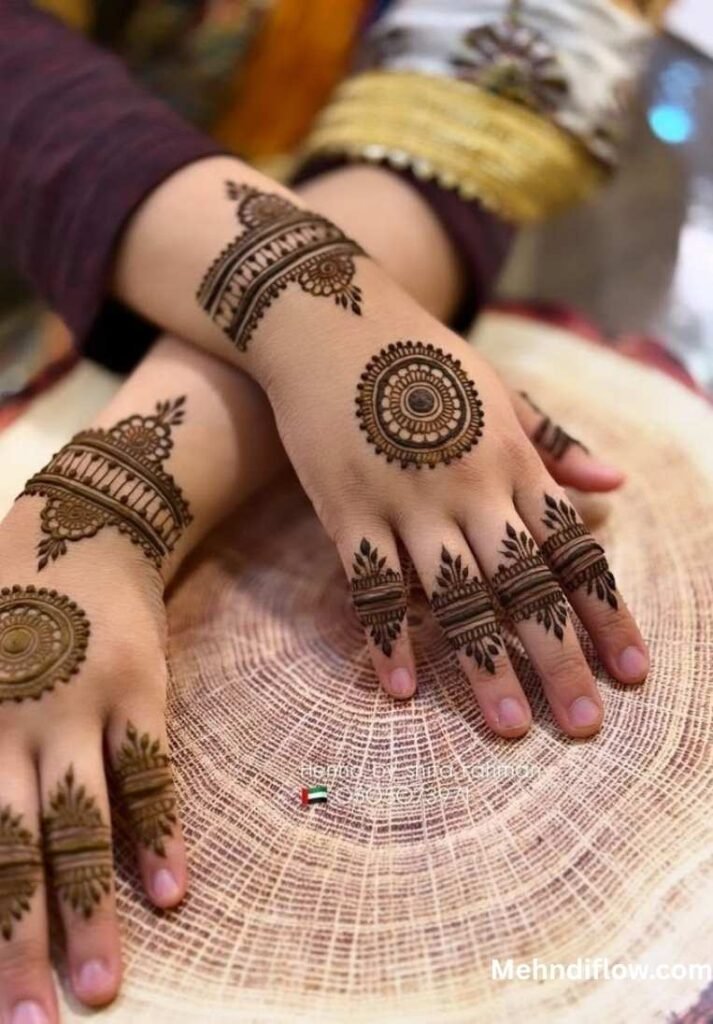 Hand displaying a clean round tikki motif and subtle finger detailing.