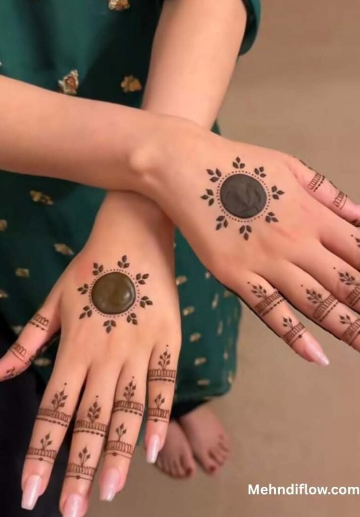 Minimalist hand design with a central circular dot and simple finger patterns.