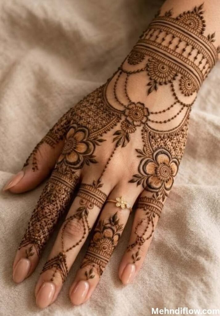 Detailed fusion mehndi blending floral motifs, draped jewelry chains, and netted fingers.