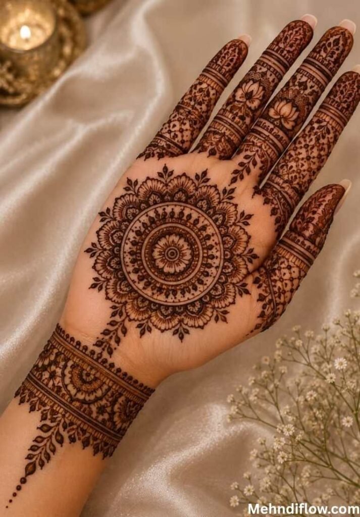 A close-up of a palm showcasing a detailed, circular mandala mehndi design in the center, complemented by intricate patterns on the fingers and a thick, patterned cuff design on the wrist.
