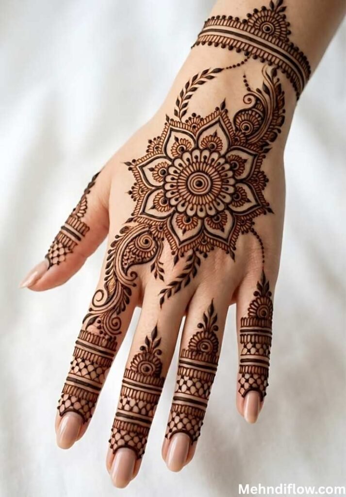 : A close-up of a hand featuring a prominent mandala-style mehndi design on the back of the hand, surrounded by delicate floral motifs and a structured cuff pattern on the wrist, with detailed geometric work on the fingers.