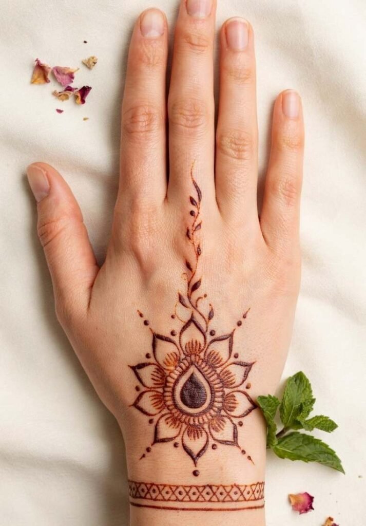 Simple Moroccan henna pattern on the wrist and back of the hand featuring a geometric flower motif, wrist cuff band, and a single vine extending toward the middle finger. - Moroccan Mehndi Design