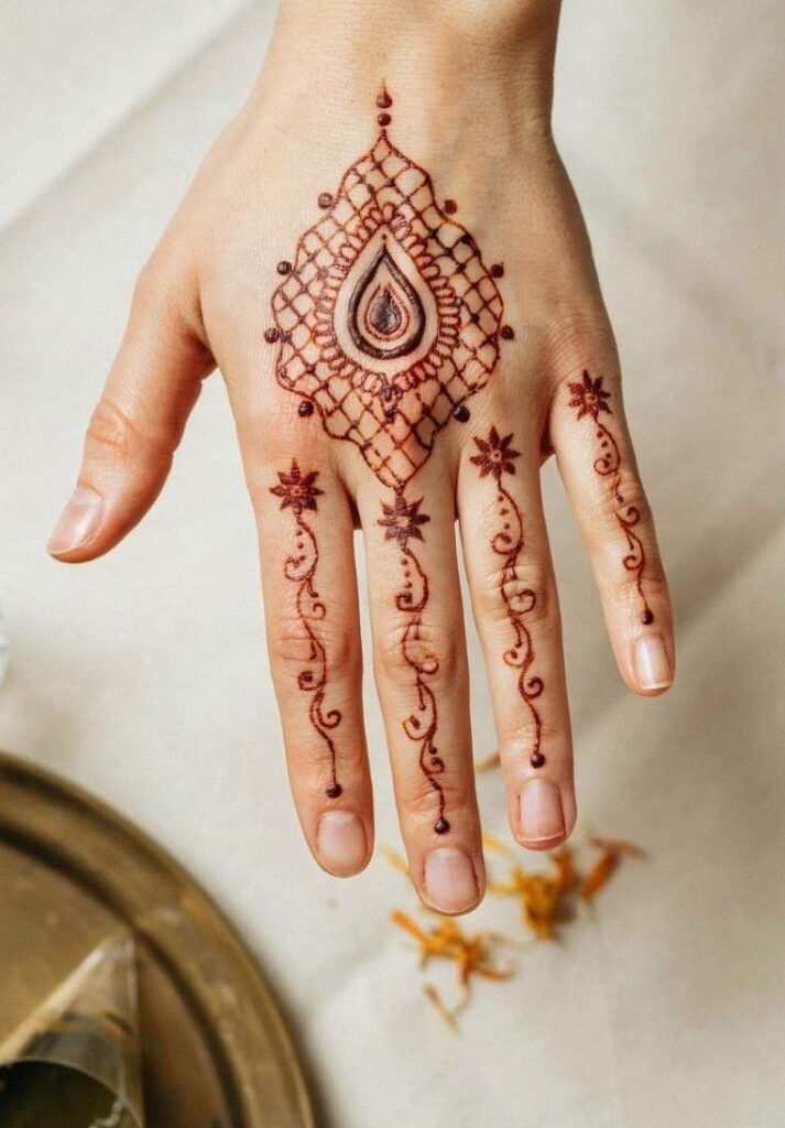 Moroccan mehndi design on the back of the hand featuring geometric line grids, diamond shapes, and delicate star motifs on the fingers. - Moroccan Mehndi Design