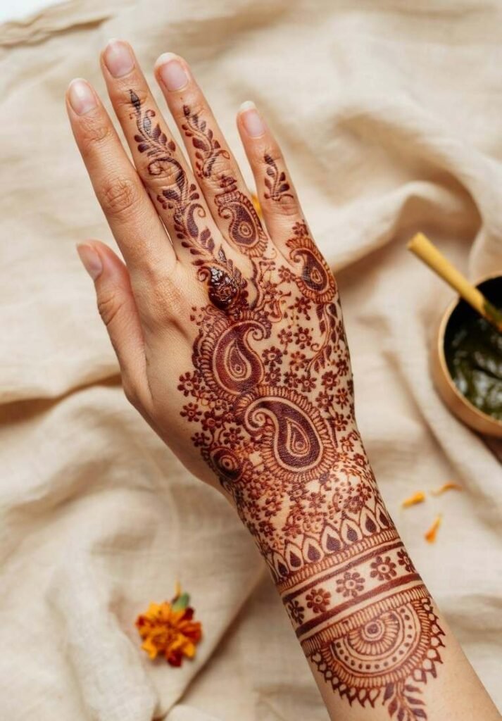Elegant Pakistani henna design on the back of the hand with sweeping floral vines, leafy chains, and shaded wrist details. - Pakistani Mehndi Design