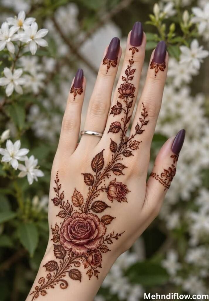 Intricate reddish-brown rose vine henna design on the back of a hand paired with matte purple nails.