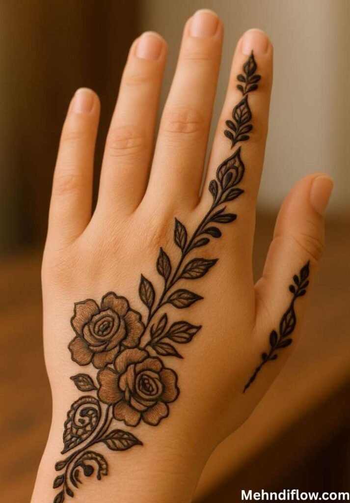 Rose vine Arabic mehndi design with dark bold shading stretching across the back of the hand to the index finger.