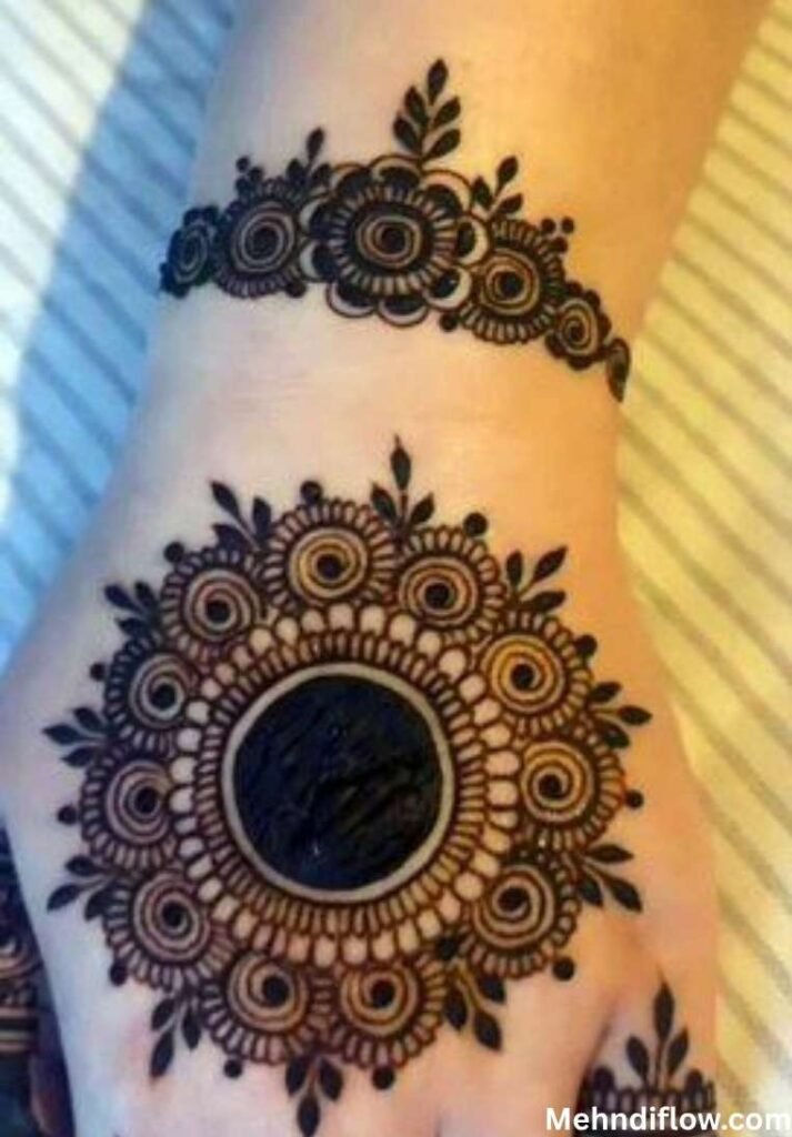 A collage showing Eid-themed leg and foot henna art, featuring detailed mandala ankle bands and toe designs, captioned "Eid Special Leg Mehndi Design".
