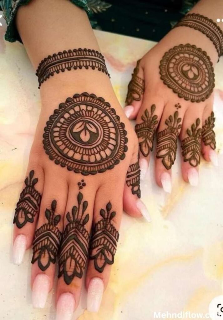 A collage featuring two hands decorated with round bangle-style mandala mehndi designs and intricate finger patterns, captioned "Round Bangle Mehndi Design